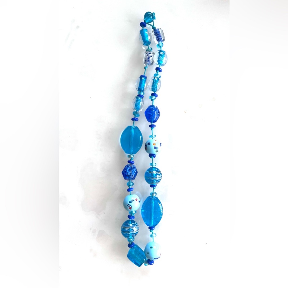 Handmade Murano Style Blue Glass Beaded Necklace 22”